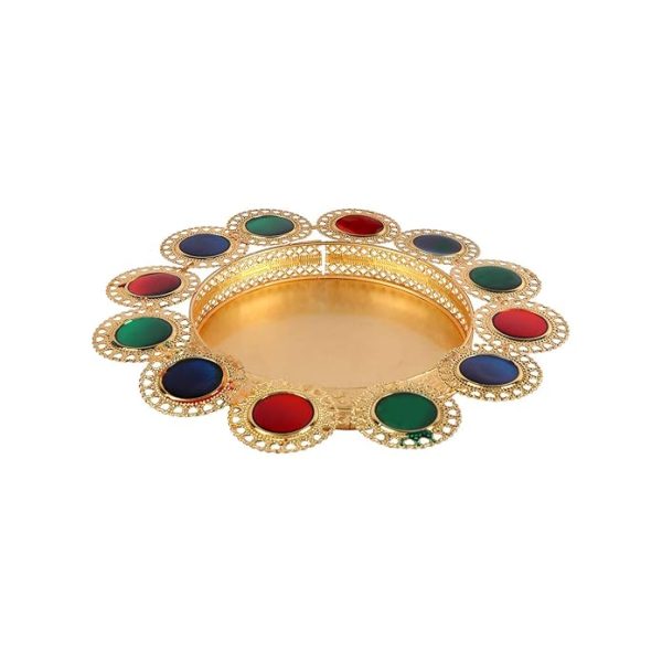 ACCESSHER Unisex Elegant Gold Plastic Rakhi Set with Acrylic Pooja Thali, Roli Kumkum and Happy Rakshabandhan Card - Image 4