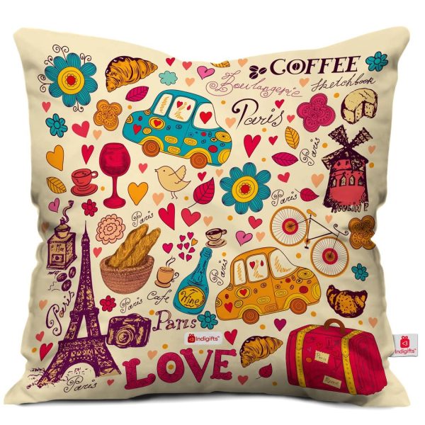Indigifts Love Paris Coffee 12X12 Inches Printed Micro Satin and Fiber Filled Cushion and Ceramic Mug - Valentine Gifts for Girlfriend, Love Gifts For Boyfriend, Gift For Boyfriend Birthday - Image 2