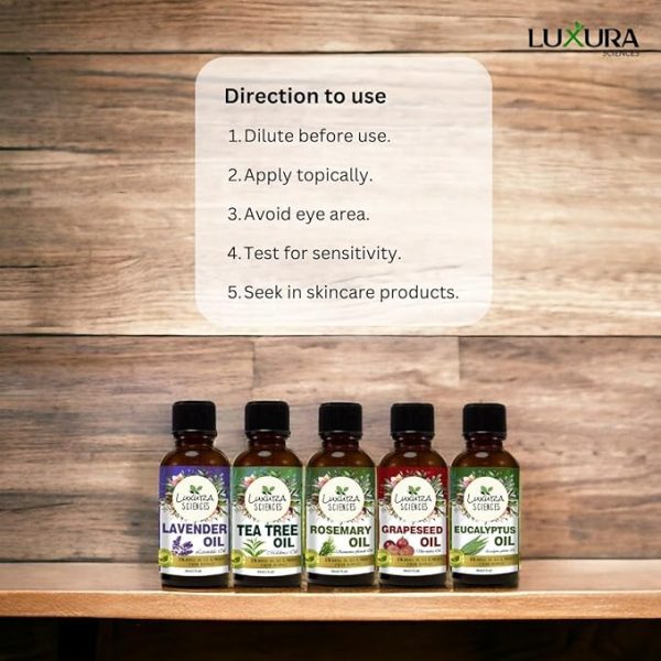 Luxura Sciences Organic Essential Oil Combo Pack of 5 Oils ;ANTI ACNE Essential Oil Kit 5 * 15ml (Tea Tree Oil; Lavender Oil; Eucalyptus Oil; Grapeseed Oil; Rosemary Oil) - Image 5