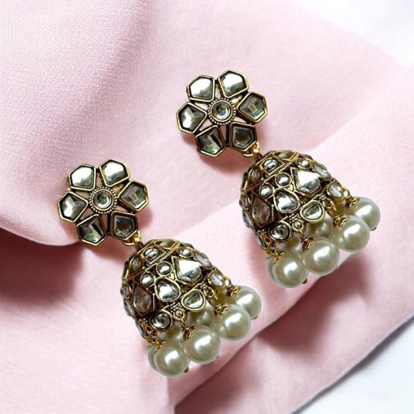 Accessher Traditional Gold Plated Kundan Studded Floral Jhumki Earrings, Ethnic Statement Earrings for Women and Girls |Perfect for Weddings| Pack of 1 - Image 3