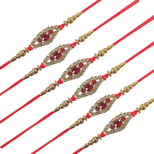 ACCESSHER Mens Semi Precious Stones Studded Delicate Rakhi for Beloved Brother Pack of 6 & Gifting with Roli Kumkum Packets & Happy Rakshabandhan Card - Image 4