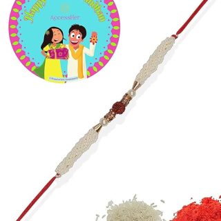 ACCESSHER Mens Sacred Rudraksh Rakhi With Tiny Pearls - Delicate Religious Design For Brother, Ideal For Gifting On Special Occasions With Roli/Kumkum Packets, Rice & Raksha Bandhan Card.
