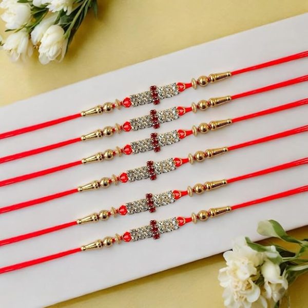 ACCESSHER Mens Traditional Rhinestones Studded Delicate Rakhi Pack Of 6 For Beloved Brother & Gifting With Roli Kumkum Packets & Happy Rakshabandhan Card - Image 3