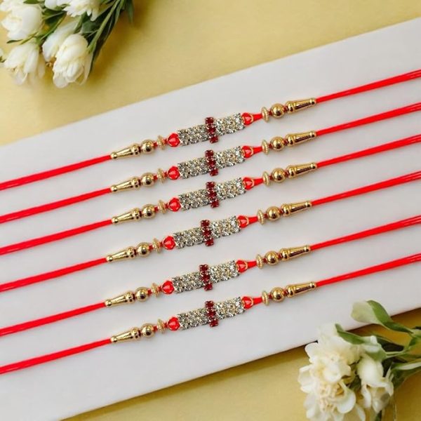 ACCESSHER Mens Traditional Rhinestones Studded Delicate Rakhi Pack Of 6 For Beloved Brother & Gifting With Roli Kumkum Packets & Happy Rakshabandhan Card - Image 2