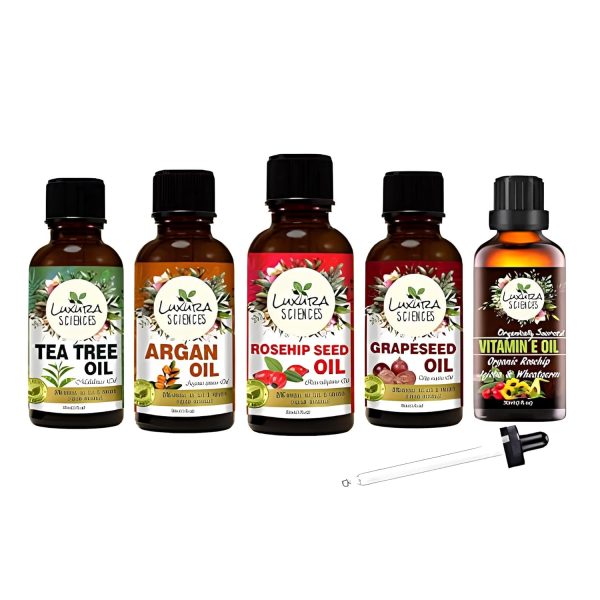 Luxura Sciences Organic Essential Oil Combo Pack of 5 - Daily Skin Health Essential Oil Set 5x15ml (Rosehip Seed, Argan, Tea Tree, Grape Seed, Vitamin E).