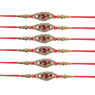 ACCESSHER Mens Semi Precious Stones Studded Delicate Rakhi for Beloved Brother Pack of 6 & Gifting with Roli Kumkum Packets & Happy Rakshabandhan Card