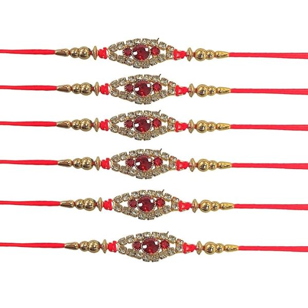 ACCESSHER Mens Semi Precious Stones Studded Delicate Rakhi for Beloved Brother Pack of 6 & Gifting with Roli Kumkum Packets & Happy Rakshabandhan Card
