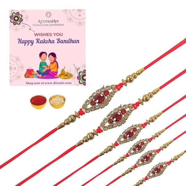 ACCESSHER Mens Semi Precious Stones Studded Delicate Rakhi for Beloved Brother Pack of 6 & Gifting with Roli Kumkum Packets & Happy Rakshabandhan Card - Image 4