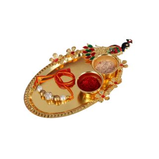 ACCESSHER Elegant and Stylish Pearl Beaded Rakhi for Beloved Brother with Acrylic Peacock Pooja Thali, Roli Kumkum Packets and Happy Rakshabandhan Card