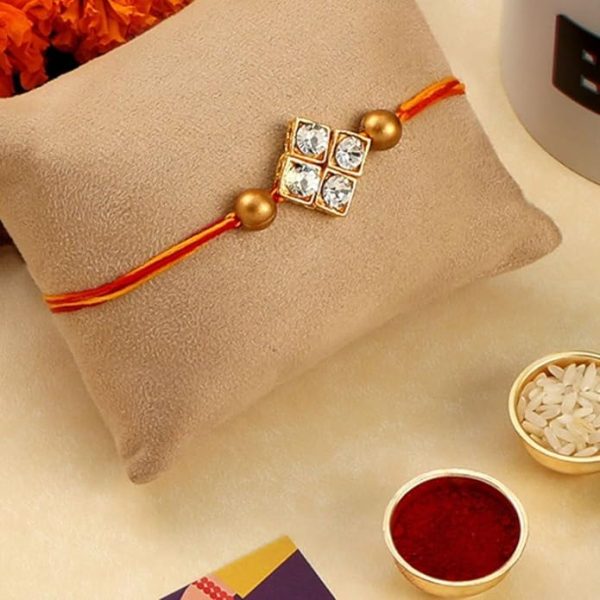 ACCESSHER Mens Traditional Gold Plated Elegant and Stylish Combo Rakhi for Beloved Brother Pack of 4 with Roli Kumkum Packets and Happy Rakshabandhan Card - Image 4