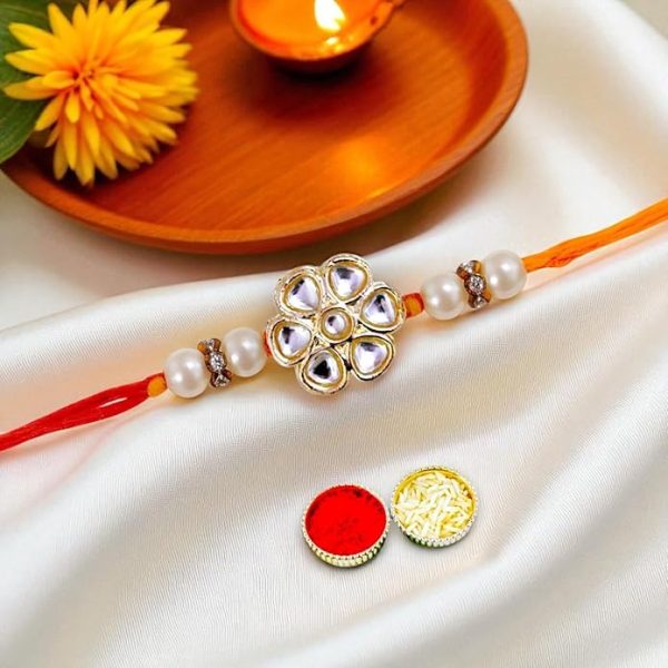 ACCESSHER Mens Traditional Special Handmade White Floral Kundan Rakhi with Beads for Brother Pack of 1 with Roli Kumkum Packets and Happy Rakshabandhan Card for Raksha Bandhan - Image 2