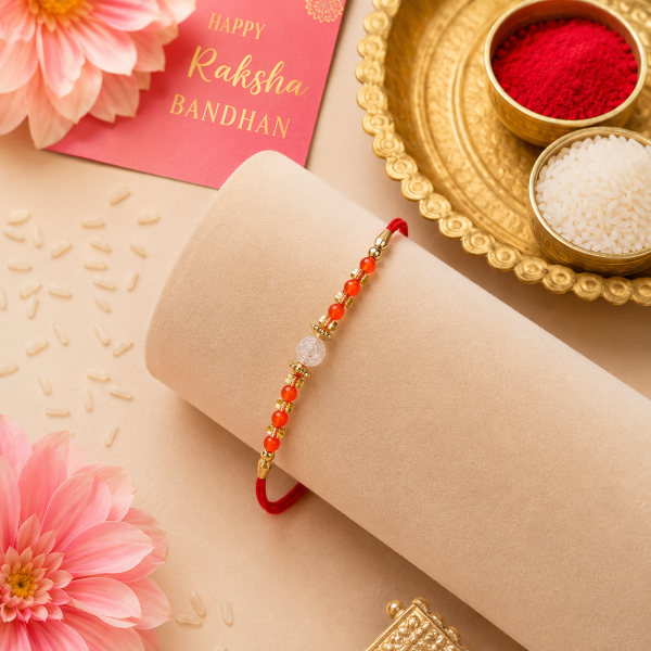 ACCESSHER Traditional Orange Beaded Rakhi with Roli, Kumkum & Raksha Bandhan Greeting Card