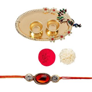 Accessher Traditional Ruby Beads Rakhi for Beloved Brother with Acrylic Peacock Pooja Thali Roli Kumkum Packets and Happy Rakshabandhan Card