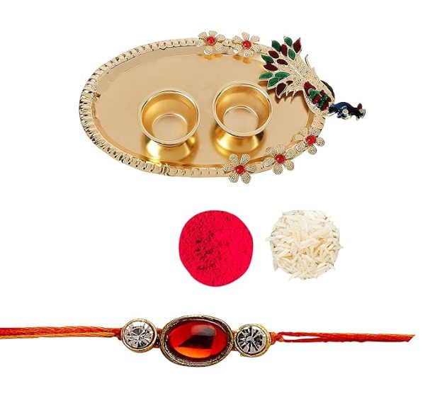 Accessher Traditional Ruby Beads Rakhi for Beloved Brother with Acrylic Peacock Pooja Thali Roli Kumkum Packets and Happy Rakshabandhan Card