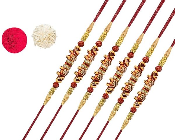 Accessher Gold Plated Elephant Shaped Stylish Quirky Rakhi for Beloved Brother Pack of 6 with Roli Kumkum Packets and Happy Rakshabandhan Card | Rakhi for Brother
