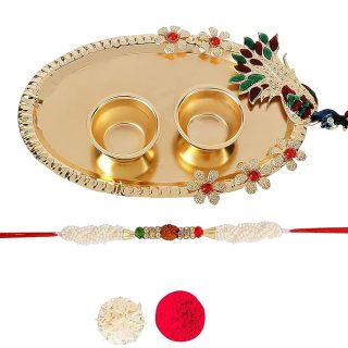 ACCESSHER Mens Traditional Rudraksh Rakhi for Beloved Brother with Acrylic Peacock Pooja Thali, Roli Kumkum Packets and Happy Rakshabandhan Card