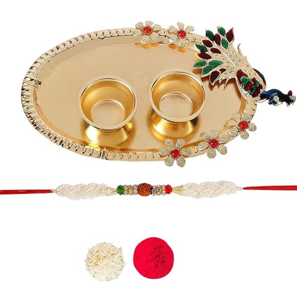 ACCESSHER Mens Traditional Rudraksh Rakhi for Beloved Brother with Acrylic Peacock Pooja Thali, Roli Kumkum Packets and Happy Rakshabandhan Card