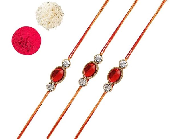 ACCESSHER Mens Red Ruby Rhinestones Kundan Work Designer Rakhi for Beloved Brother Pack of 6 with Roli Kumkum Packets and Happy Rakshabandhan Card - Image 5