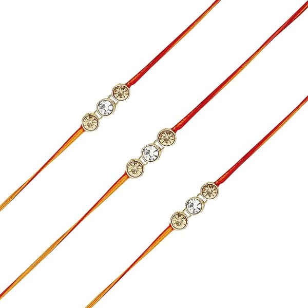 ACCESSHER Mens Traditional Gold Plated Elegant and Stylish Rhinestones Rakhi for Beloved Brother Pack of 3 with Roli Kumkum Packets and Happy Rakshabandhan Card