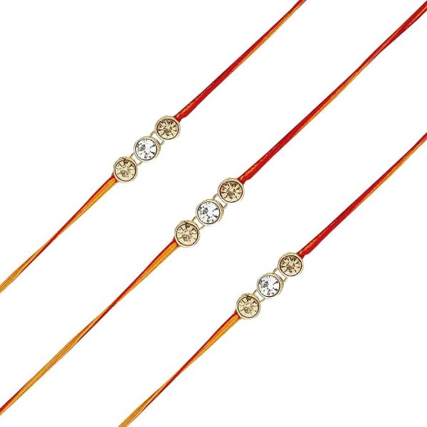 ACCESSHER Mens Traditional Gold Plated Elegant and Stylish Rhinestones Rakhi for Beloved Brother Pack of 3 with Roli Kumkum Packets and Happy Rakshabandhan Card