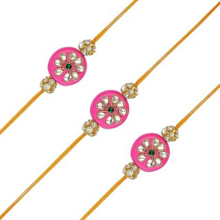 ACCESSHER Mens Traditional Gold Plated Elegant and Stylish Pink Beaded Rakhi for Beloved Brother Pack of 3 with Roli Kumkum Packets and Happy Rakshabandhan Card
