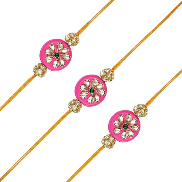 ACCESSHER Mens Traditional Gold Plated Elegant and Stylish Pink Beaded Rakhi for Beloved Brother Pack of 3 with Roli Kumkum Packets and Happy Rakshabandhan Card