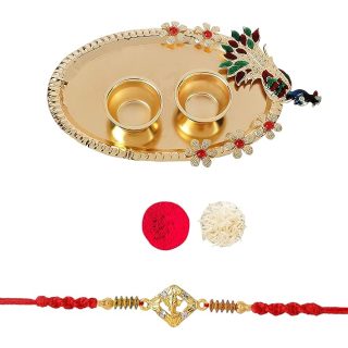 Accessher Traditional Gold Plated Ganesha Rakhi for Beloved Brother with Acrylic Peacock Pooja Thali, Roli Kumkum Packets and Happy Rakshabandhan Card