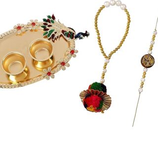 Accessher Traditional Elegant Beads Bhaiyya Bhabhi Lumba Rakhi for Beloved Brother with Acrylic Peacock Pooja Thali, Roli Kumkum Packets and Happy Rakshabandhan Card