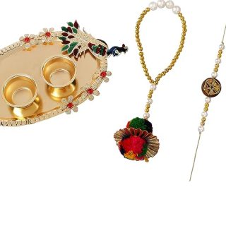 Accessher Traditional Elegant Beads Bhaiyya Bhabhi Lumba Rakhi for Beloved Brother with Acrylic Peacock Pooja Thali, Roli Kumkum Packets and Happy Rakshabandhan Card