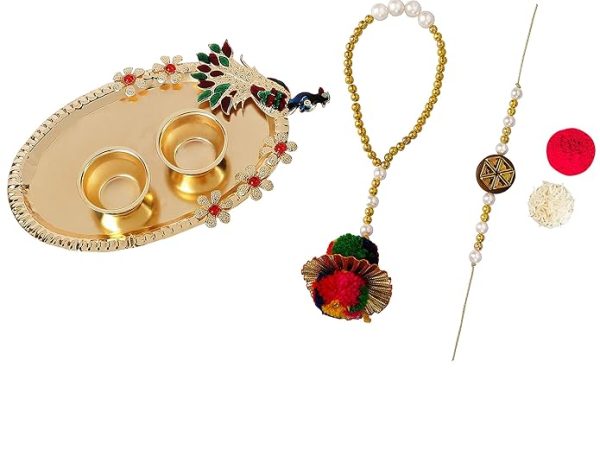 Accessher Traditional Elegant Beads Bhaiyya Bhabhi Lumba Rakhi for Beloved Brother with Acrylic Peacock Pooja Thali, Roli Kumkum Packets and Happy Rakshabandhan Card