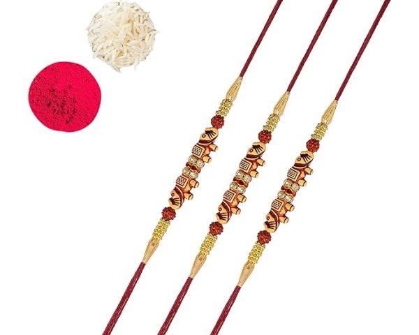 Accessher Gold Plated Elephant Shaped Stylish Quirky Rakhi for Beloved Brother Pack of 6 with Roli Kumkum Packets and Happy Rakshabandhan Card | Rakhi for Brother - Image 2