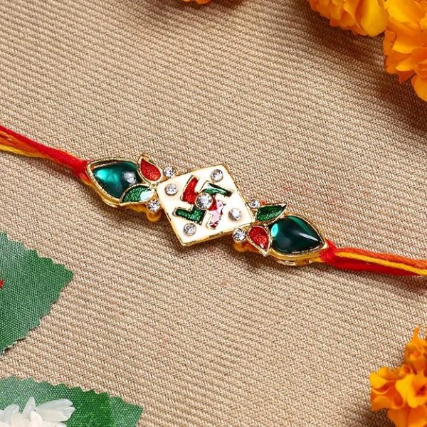 ACCESSHER Mens Traditional Design Deity Inspired Swastik Meenakari Rakhi for Beloved Brother Pack of 1 with Roli Kumkum Packets and Happy Rakshabandhan Card - Image 4