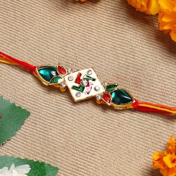 ACCESSHER Mens Traditional Design Deity Inspired Swastik Meenakari Rakhi for Beloved Brother Pack of 1 with Roli Kumkum Packets and Happy Rakshabandhan Card - Image 2
