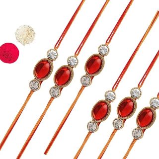 ACCESSHER Mens Red Ruby Rhinestones Kundan Work Designer Rakhi for Beloved Brother Pack of 6 with Roli Kumkum Packets and Happy Rakshabandhan Card