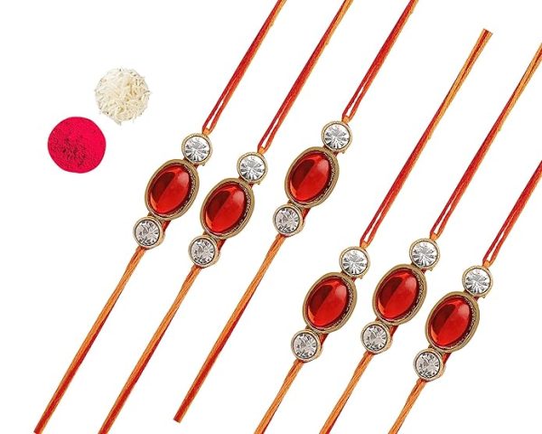 ACCESSHER Mens Red Ruby Rhinestones Kundan Work Designer Rakhi for Beloved Brother Pack of 6 with Roli Kumkum Packets and Happy Rakshabandhan Card