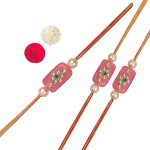 ACCESSHER Mens Traditional Gold Plated Latest Pink Kundan Work Designer Rakhi for Beloved Brother Pack of 3 with Roli Kumkum Packets and Happy Rakshabandhan Card