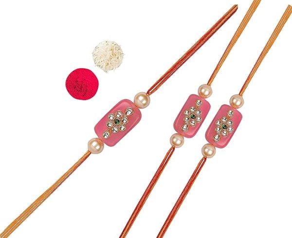ACCESSHER Mens Traditional Gold Plated Latest Pink Kundan Work Designer Rakhi for Beloved Brother Pack of 1 with Roli Kumkum Packets and Happy Rakshabandhan Card - Image 4