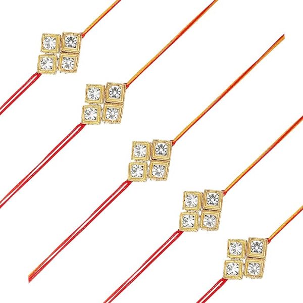 ACCESSHER Mens Traditional Gold Plated Elegant and Stylish Rhinestones Rakhi for Beloved Brother Pack of 5 with Roli Kumkum Packets and Happy Rakshabandhan Card
