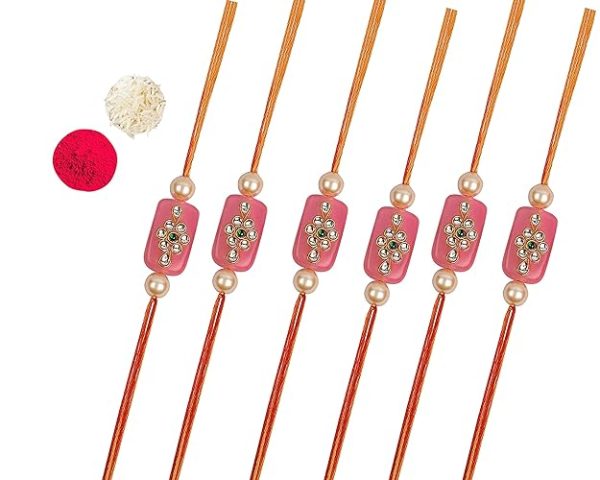 ACCESSHER Mens Traditional Gold Plated Latest Pink Kundan Work Designer Rakhi for Beloved Brother Pack of 6 with Roli Kumkum Packets and Happy Rakshabandhan Card | Fancy Rakhi for Brother