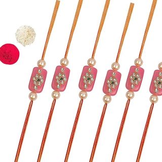 ACCESSHER Mens Traditional Gold Plated Latest Pink Kundan Work Designer Rakhi for Beloved Brother Pack of 6 with Roli Kumkum Packets and Happy Rakshabandhan Card | Fancy Rakhi for Brother