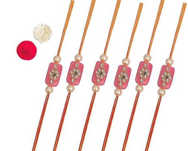 ACCESSHER Mens Traditional Gold Plated Latest Pink Kundan Work Designer Rakhi for Beloved Brother Pack of 6 with Roli Kumkum Packets and Happy Rakshabandhan Card | Fancy Rakhi for Brother