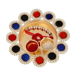ACCESSHER Unisex Elegant Gold Plastic Rakhi Set with Acrylic Pooja Thali, Roli Kumkum and Happy Rakshabandhan Card