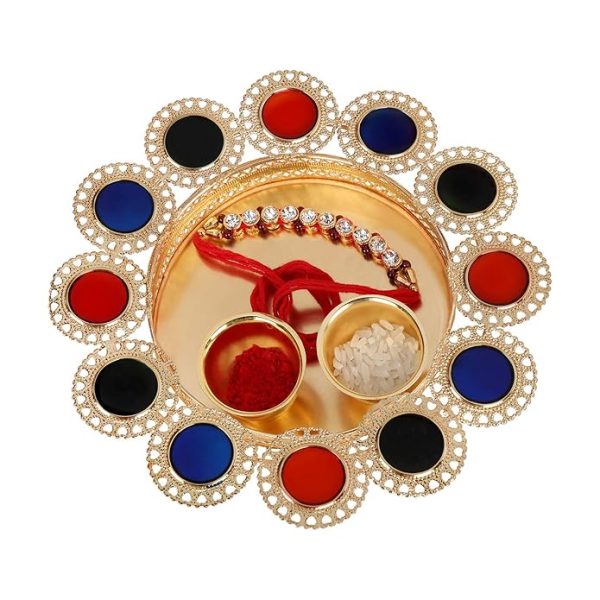 ACCESSHER Unisex Elegant Gold Plastic Rakhi Set with Acrylic Pooja Thali, Roli Kumkum and Happy Rakshabandhan Card