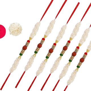 ACCESSHER Mens Traditional Elegant and Stylish Designer Pearl and Rudraksh Rakhi for Beloved Brother Pack of 6 with Roli Kumkum Packets and Happy Rakshabandhan Card