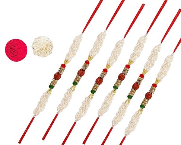 ACCESSHER Mens Traditional Elegant and Stylish Designer Pearl and Rudraksh Rakhi for Beloved Brother Pack of 6 with Roli Kumkum Packets and Happy Rakshabandhan Card