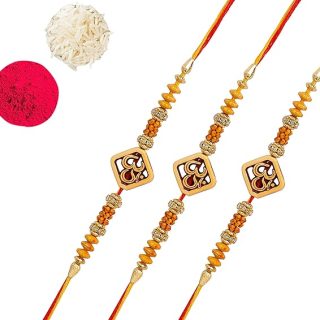 ACCESSHER Mens Traditional Elegant Wooden Finish OM with Rudraksh Rakhi for Beloved Brother Pack of 3 with Roli Kumkum Packets and Happy Rakshabandhan Card