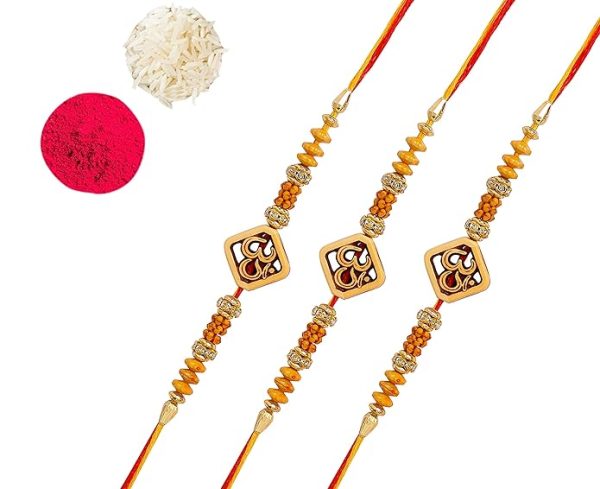 ACCESSHER Mens Traditional Elegant Wooden Finish OM with Rudraksh Rakhi for Beloved Brother Pack of 3 with Roli Kumkum Packets and Happy Rakshabandhan Card