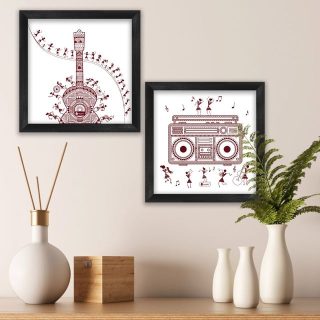 Indigifts Wall Decor For Living Room Music Lover Artistic Design Digital Print Poster Frames 6"x6" Set of 2 - Home Wall Decorations Items, Diwali Home Decoration Items, Warli Art Posters Frame