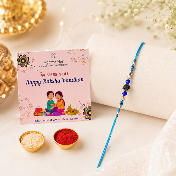 ACCESSHER Smiley Face Rakhi with Blue Beads - Gift Set with Roli, Kumkum & Raksha Bandhan Greeting Card