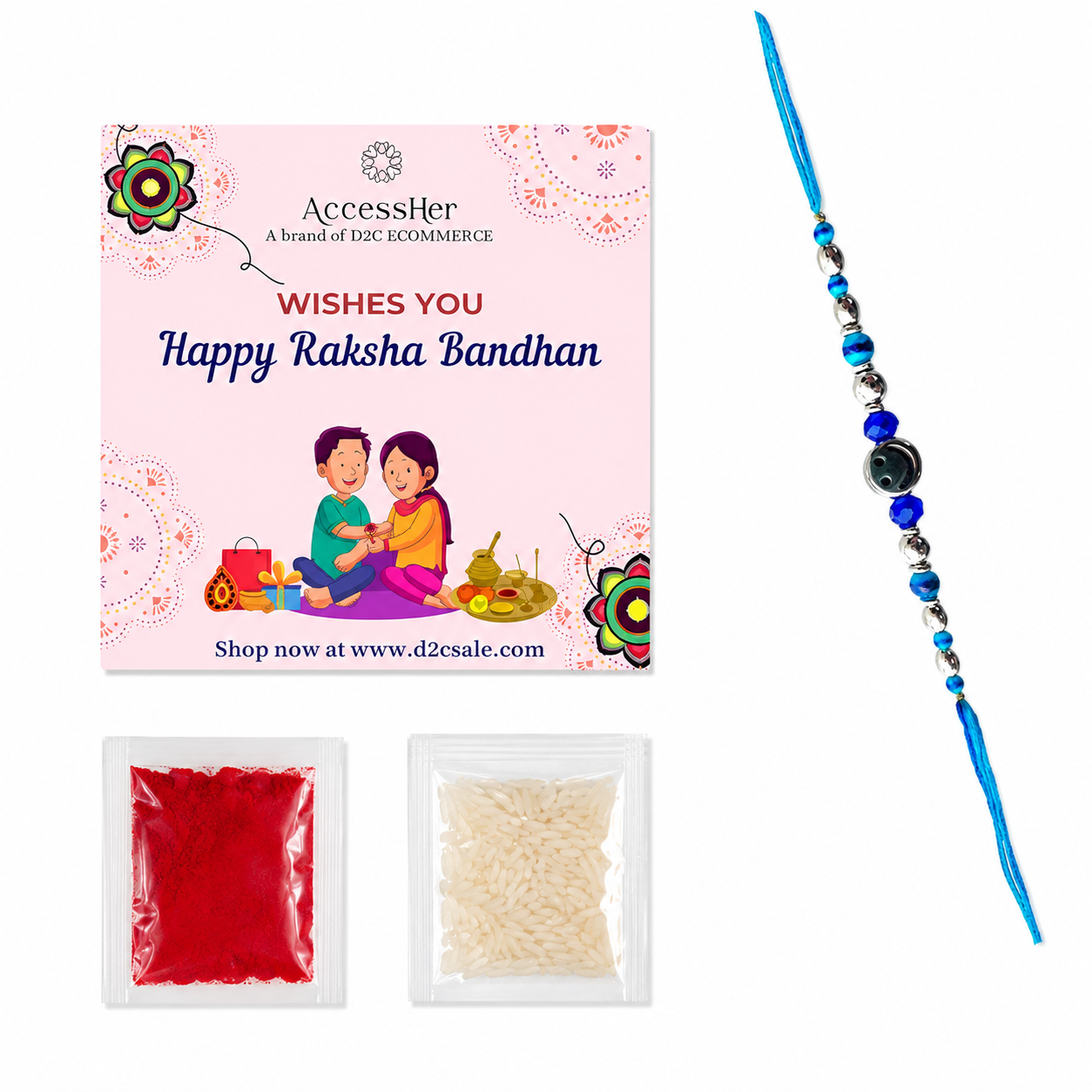 ACCESSHER Smiley Face Rakhi with Blue Beads - Gift Set with Roli, Kumkum & Raksha Bandhan Greeting Card - Image 4